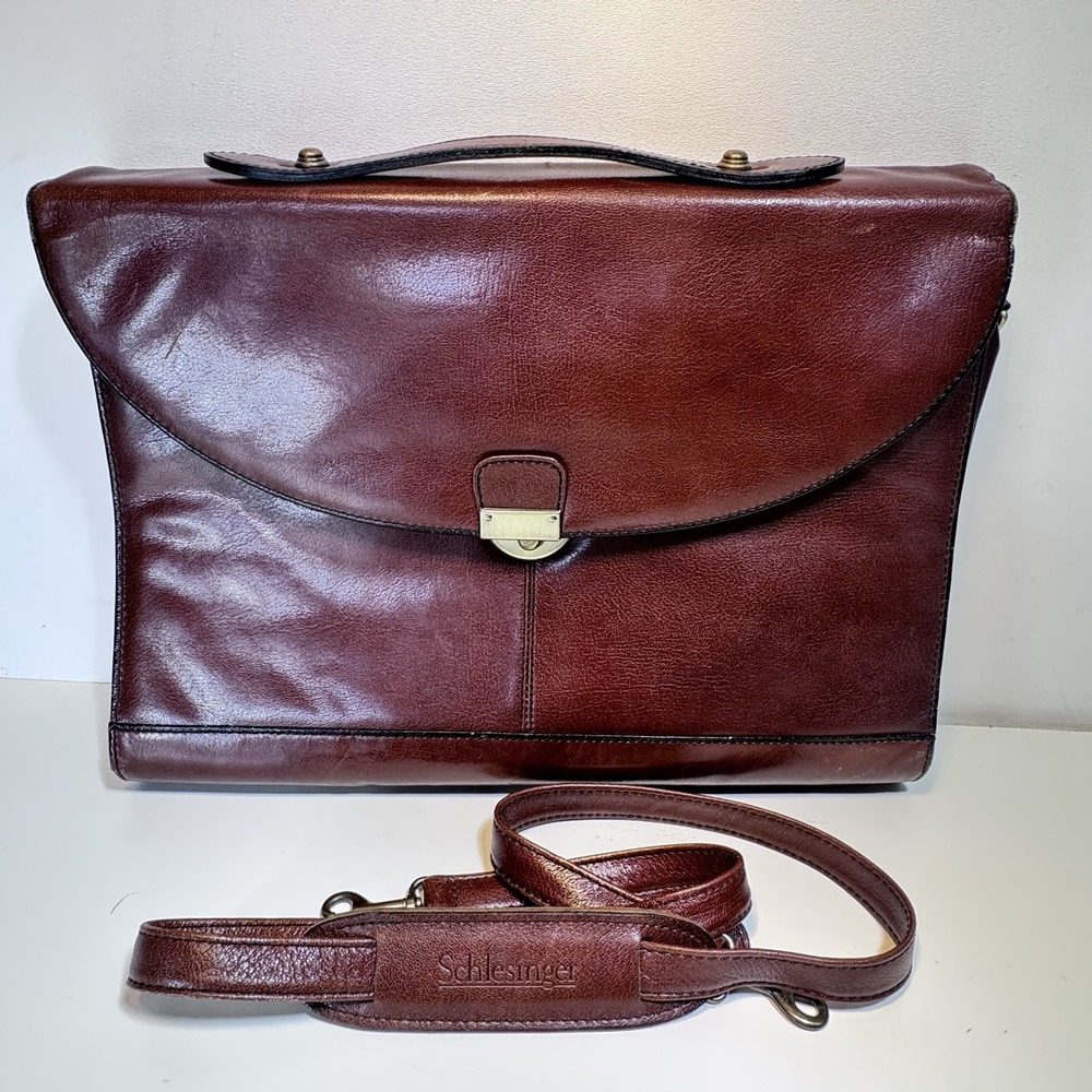 Schlesinger 15" Leather Briefcase Classic Flap Distressed Rustic Brown Attache